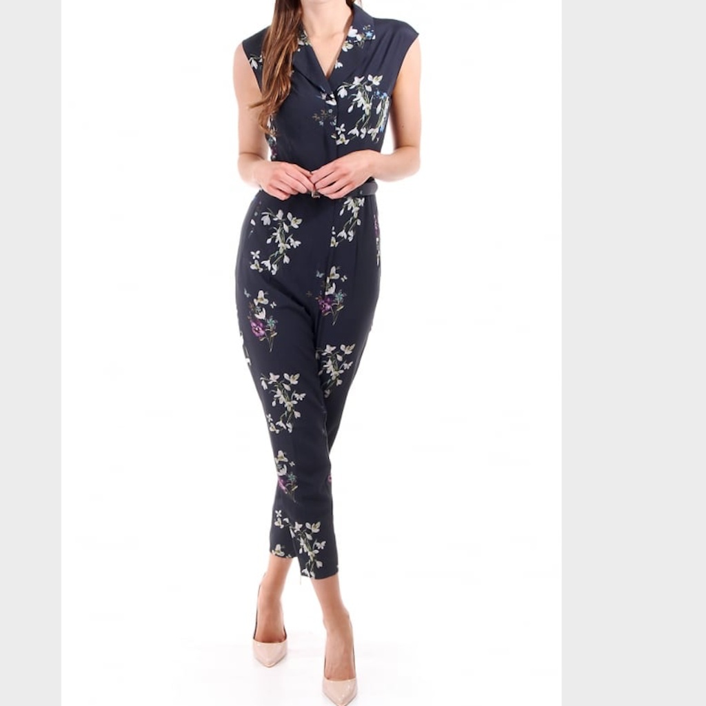 Ted Baker Navy Floral Cap-Sleeve Midi Jumpsuit With Purple Accents